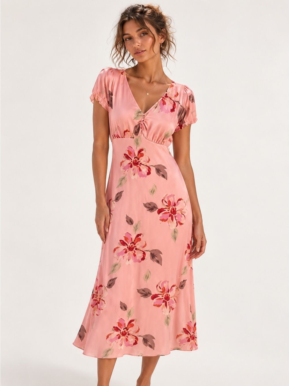 VINTAGE Babydoll Soft Feminine Bias Cut Pink Floral 100% Silk Midi Dress Size 4